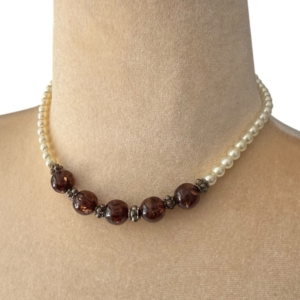 16" Pearl Necklace Brown Glass Filigree Beads Necklace Classic Boho Handcrafted